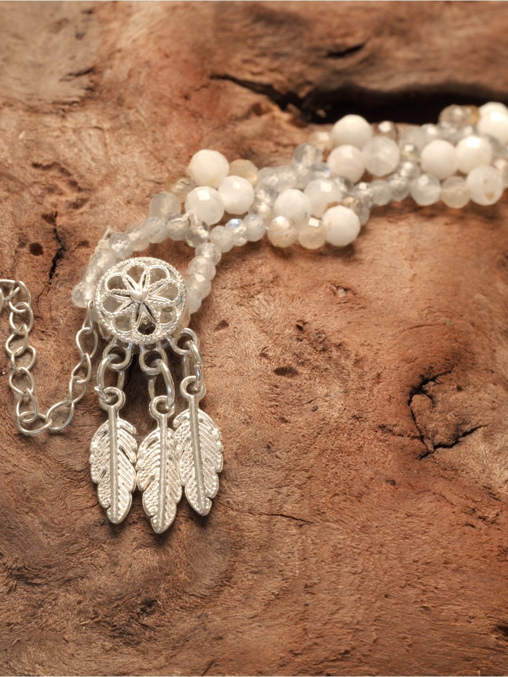 ‘Rattlesnake Moon’ Silver Feather Moonstone Beaded Bracelet